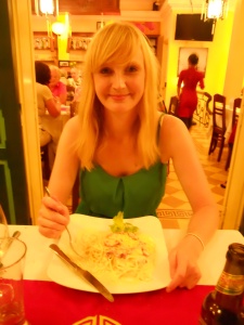 Enjoying a very un-Vietnamese birthday meal of spaghetti carbonara