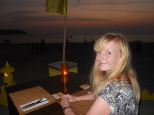 Enjoying dinner at a beach cafe