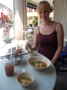 Enjoying a lunch of Chinese dumpling soup!